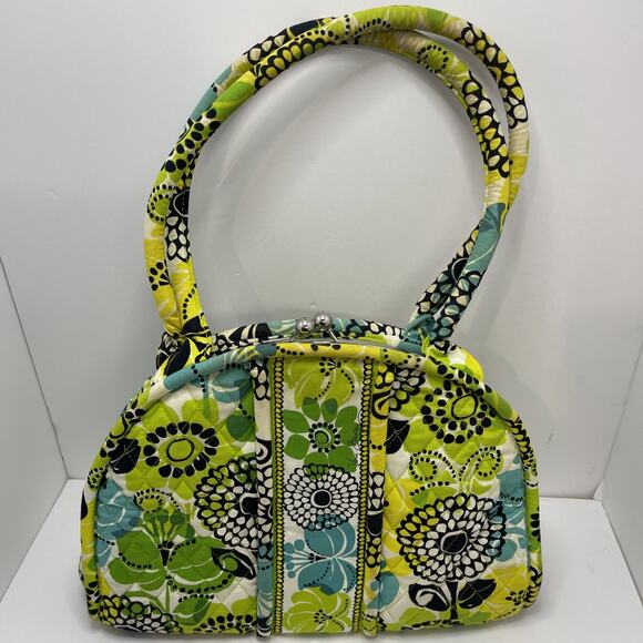Vera Bradley Eloise Satchel Shoulder Bag Limes Up Pattern Green Blue Kiss Lock - Picture 1 of 16